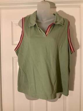 Chelsea Studio Sage Green Sleeveless Polo Top with Rainbow Trim, XL